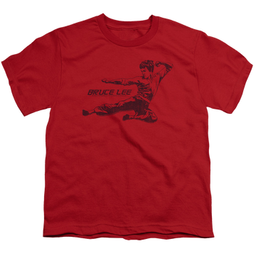 Red youth t-shirt for ages 8 to 12 with Bruce Lee Line Kick graphic