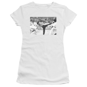White juniors t-shirt with Bruce Lee Kick To The Head graphic