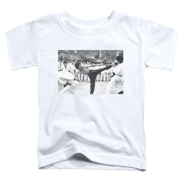 White kid's t-shirt for ages 4 to 7 with Bruce Lee Kick To The Head graphic