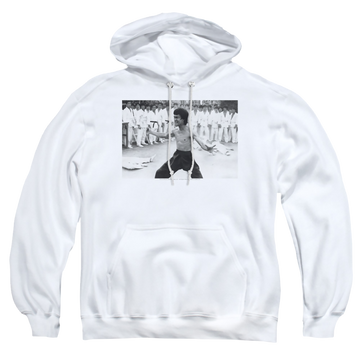 White pullover hoodie with Bruce Lee Triumphant graphic