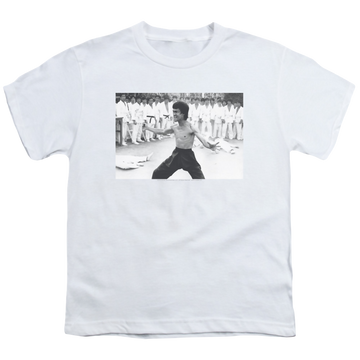 White youth t-shirt for ages 8 to 12 with Bruce Lee Triumphant graphic