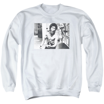 White men's crewneck sweatshirt with Bruce Lee Full Of Fury graphic