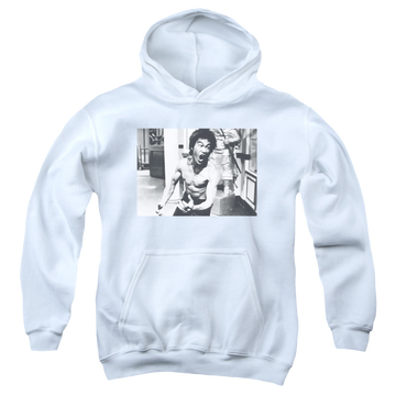 White youth hoodie for ages 8 to 12 with Bruce Lee Full Of Fury graphic