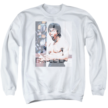 White men's crewneck sweatshirt with Bruce Lee Revving Up graphic