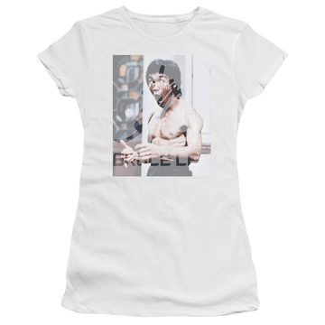White juniors t-shirt with Bruce Lee Revving Up graphic