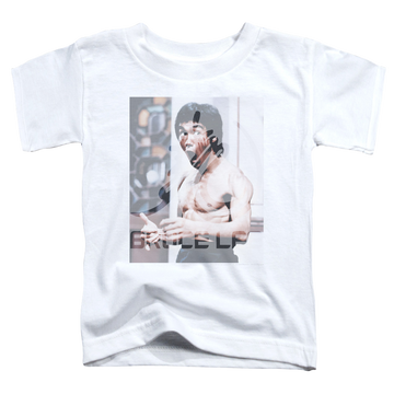 White kid's t-shirt for ages 4 to 7 with Bruce Lee Revving Up graphic