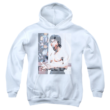 White youth hoodie for ages 8 to 12 with Bruce Lee Revving Up graphic