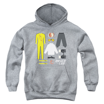 Athletic heather youth hoodie for ages 8 to 12 with Bruce Lee Lee Gift Set graphic