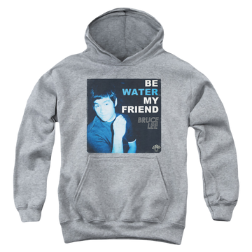 Athletic heather youth hoodie for ages 8 to 12 with Bruce Lee Water graphic