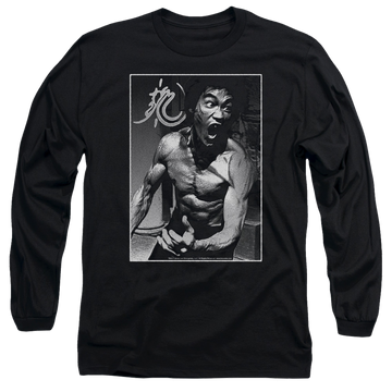 Black men's long sleeve t-shirt with Bruce Lee Focused Rage graphic