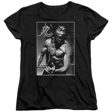 Black women's t-shirt with Bruce Lee Focused Rage graphic