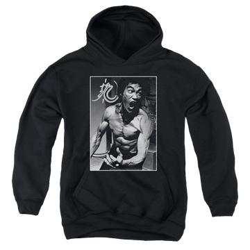 Black youth hoodie for ages 8 to 12 with Bruce Lee Focused Rage graphic