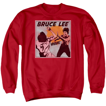 Red men's crewneck sweatshirt with Bruce Lee Comic Panel graphic