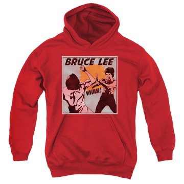Red youth hoodie for ages 8 to 12 with Bruce Lee Comic Panel graphic
