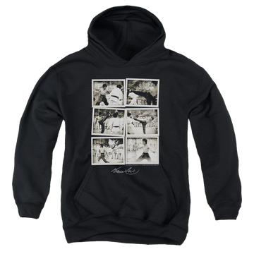 Black youth hoodie for ages 8 to 12 with Bruce Lee Snap Shots graphic