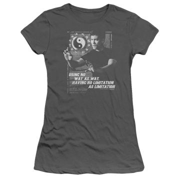 Charcoal juniors t-shirt with Bruce Lee No Way As A Way graphic