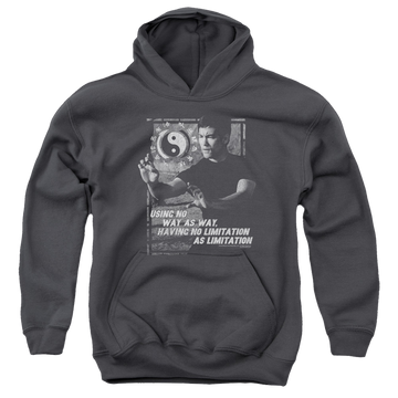 Charcoal youth hoodie for ages 8 to 12 with Bruce Lee No Way As A Way graphic