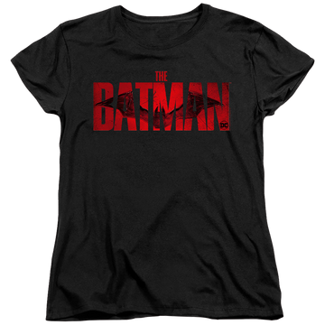Black women's t-shirt with The Batman (2022) Crimson Drawn Bat Logo graphic