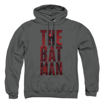 Charcoal pullover hoodie with The Batman (2022) Crimson Crusader graphic