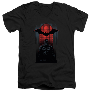 Black men's v-neck t-shirt with The Batman (2022) I Am The Shadows graphic