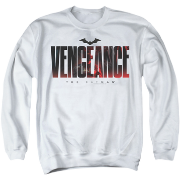 White men's crewneck sweatshirt with The Batman (2022) Vengeance For The Bat graphic