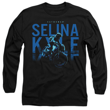 Black men's long sleeve t-shirt with The Batman (2022) Selina Kyle Motorcycle graphic