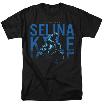 Black men's regular fit t-shirt with The Batman (2022) Selina Kyle Motorcycle graphic