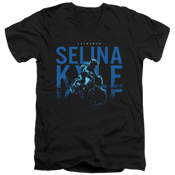 Black men's v-neck t-shirt with The Batman (2022) Selina Kyle Motorcycle graphic