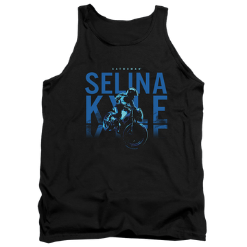 Black men's tank with The Batman (2022) Selina Kyle Motorcycle graphic