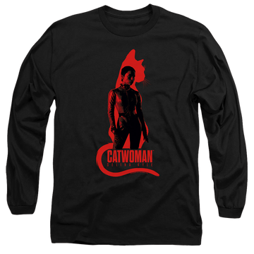 Black men's long sleeve t-shirt with The Batman (2022) Selina Kyle Cat Silhouette graphic
