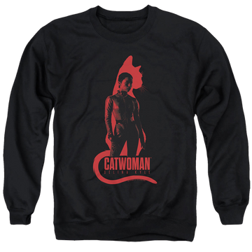 Black men's crewneck sweatshirt with The Batman (2022) Selina Kyle Cat Silhouette graphic
