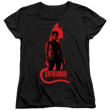 Black women's t-shirt with The Batman (2022) Selina Kyle Cat Silhouette graphic