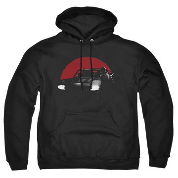 Black pullover hoodie with The Batman (2022) Red Moon And Batmobile graphic