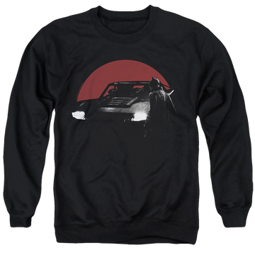 Black men's crewneck sweatshirt with The Batman (2022) Red Moon And Batmobile graphic