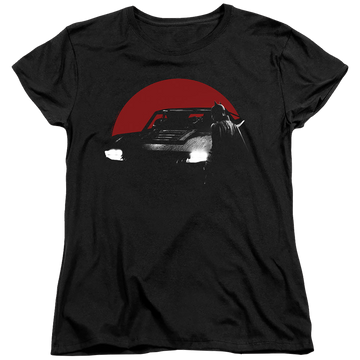 Black women's t-shirt with The Batman (2022) Red Moon And Batmobile graphic