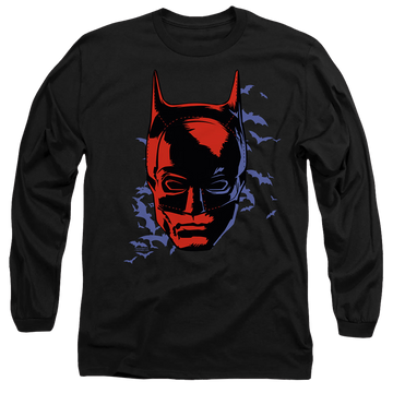 Black men's long sleeve t-shirt with The Batman (2022) Shadowed Headshot graphic