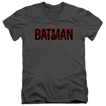 Charcoal men's v-neck t-shirt with The Batman (2022) Logo With Red Bat graphic