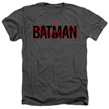 Charcoal men's heather t-shirt with The Batman (2022) Logo With Red Bat graphic