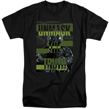 Black men's tall fit t-shirt with The Batman (2022) Unmask The Truth graphic