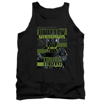 Black men's tank with The Batman (2022) Unmask The Truth graphic