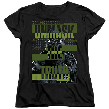 Black women's t-shirt with The Batman (2022) Unmask The Truth graphic