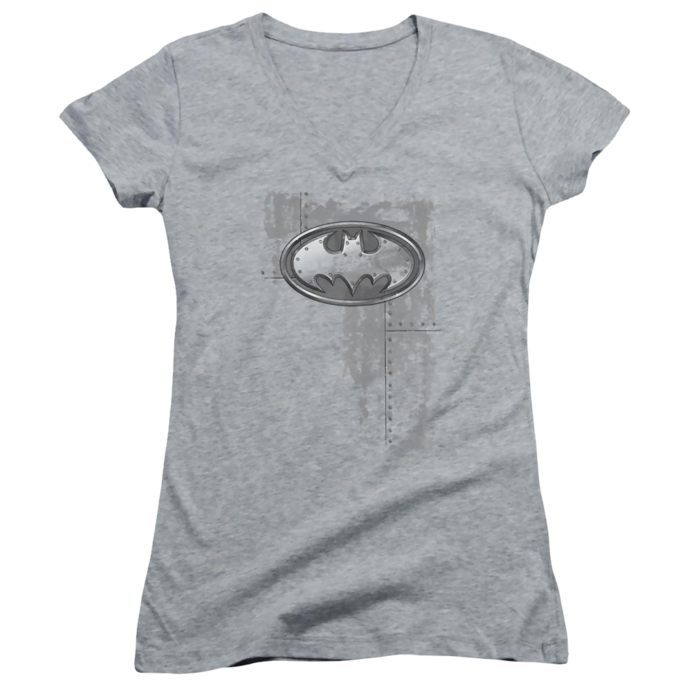 Batman Rivited Metal Logo - Juniors V-Neck T-Shirt Juniors V-Neck T-Shirt Batman   