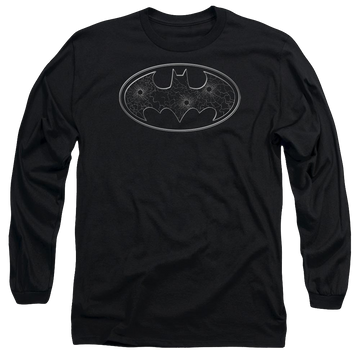 Black men's long sleeve t-shirt with Batman Glass Hole Logo graphic
