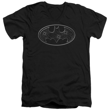 Black men's v-neck t-shirt with Batman Glass Hole Logo graphic