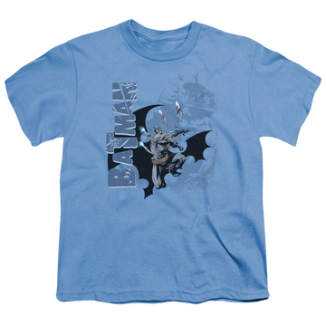 Carolina blue youth t-shirt for ages 8 to 12 with DC Batman Throwing Blades graphic