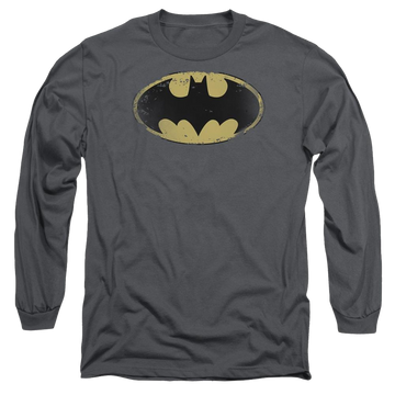 Charcoal men's long sleeve t-shirt with Batman Distressed Shield graphic