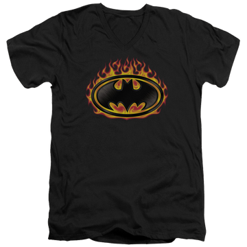 Black men's v-neck t-shirt with Batman Bat Flames Shield graphic