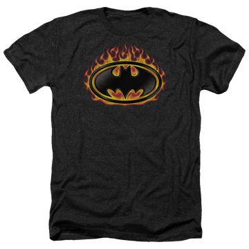 Charcoal men's heather t-shirt with Batman Bat Flames Shield graphic