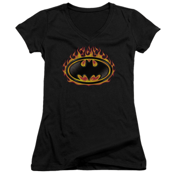 Batman Bat Flames Shield - Juniors V-Neck T-Shirt Juniors V-Neck T-Shirt Batman   