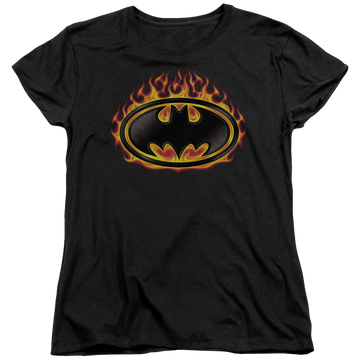 Black women's t-shirt with Batman Bat Flames Shield graphic